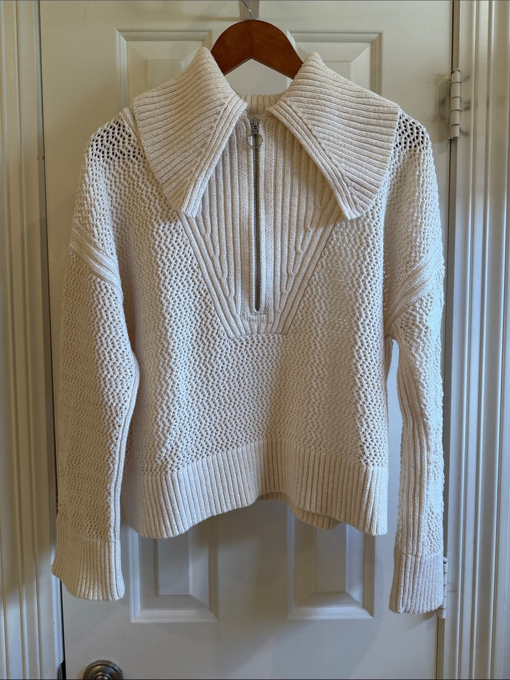 Anthropologie Cream Half-Zip Knit Sweater with Folded Collar